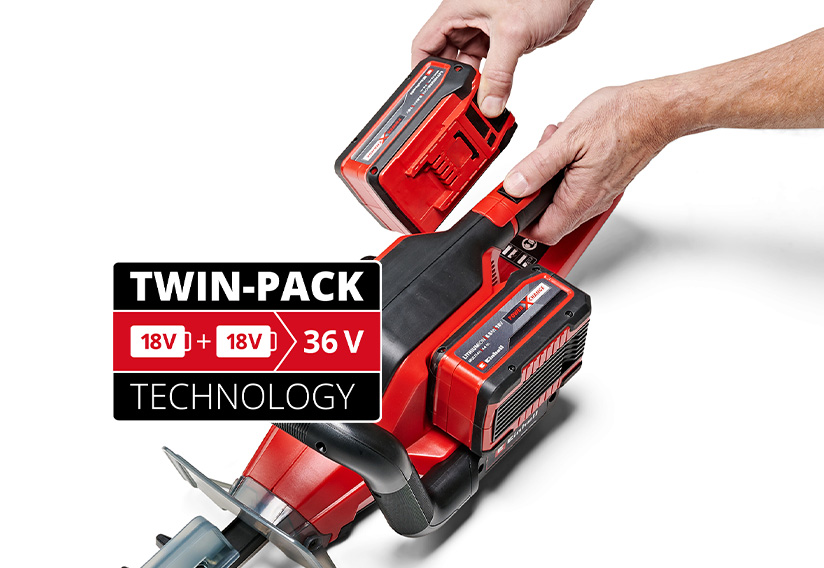 ein Einhell Akku-Gartengerät mit der Twin-Pack Technologie