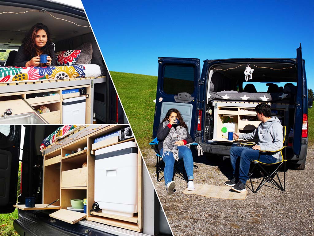 Collage aus drei Fotos mit Van und eingebauter Campingbox; zwei Personen sitzen davor, im Van ist das Bett und Stauraum zu sehen.