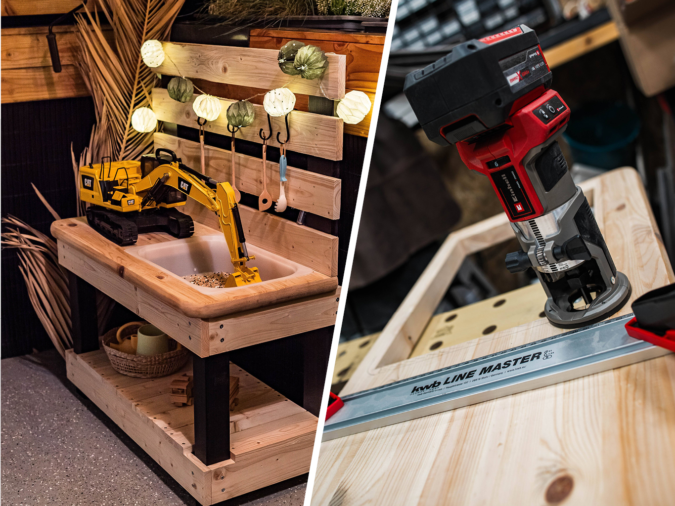 Zweigeteiltes Bild mit Matschküche aus Holz links und Einhell Akku-Kantenfräse beim Fräsen rechts.