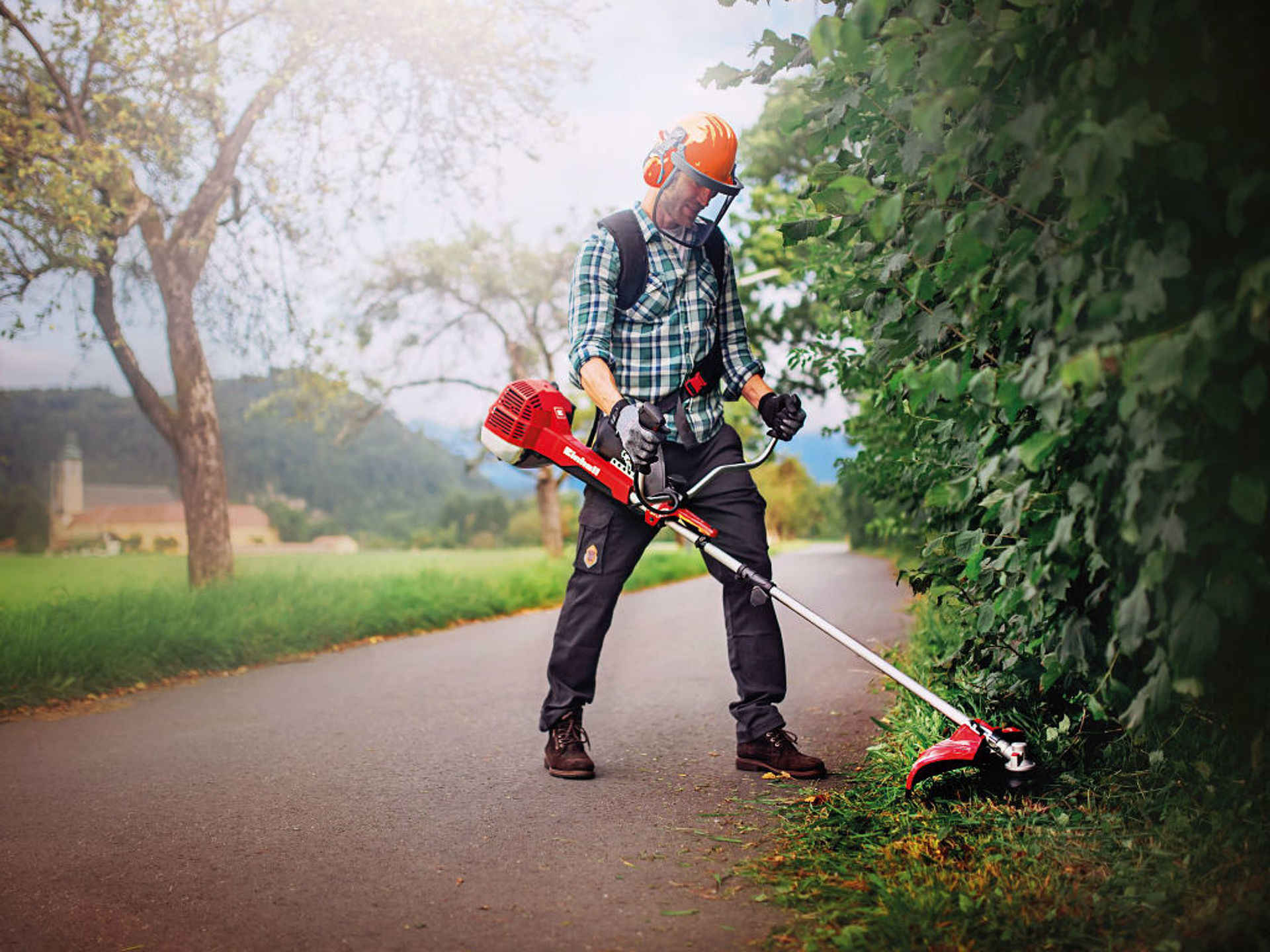 a man cuts grass under a hedge