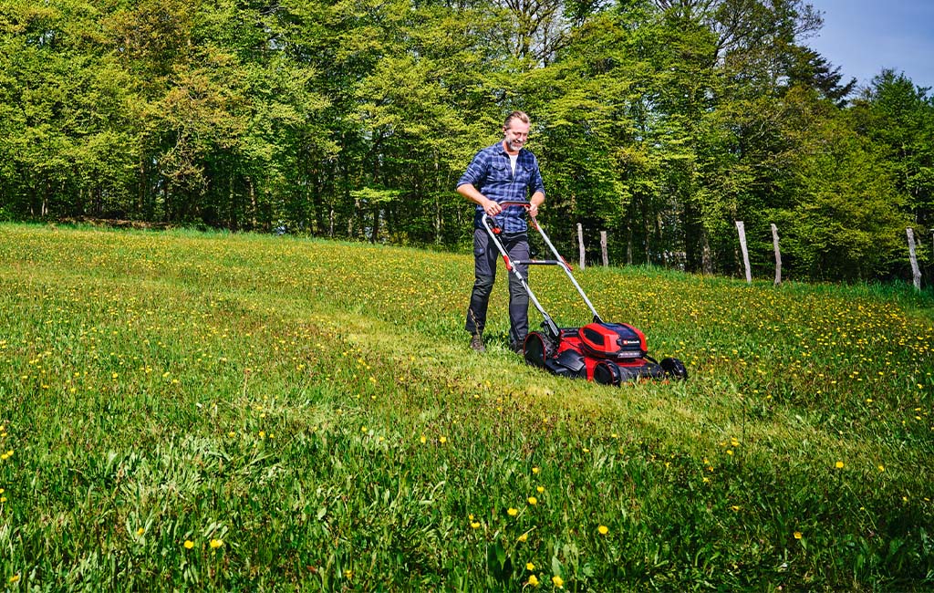 Ein Mann mäht eine leicht abfallende, blühende Wiese mit einem roten Einhell-Rasenmäher vor einem Hintergrund aus dichten grünen Bäumen.