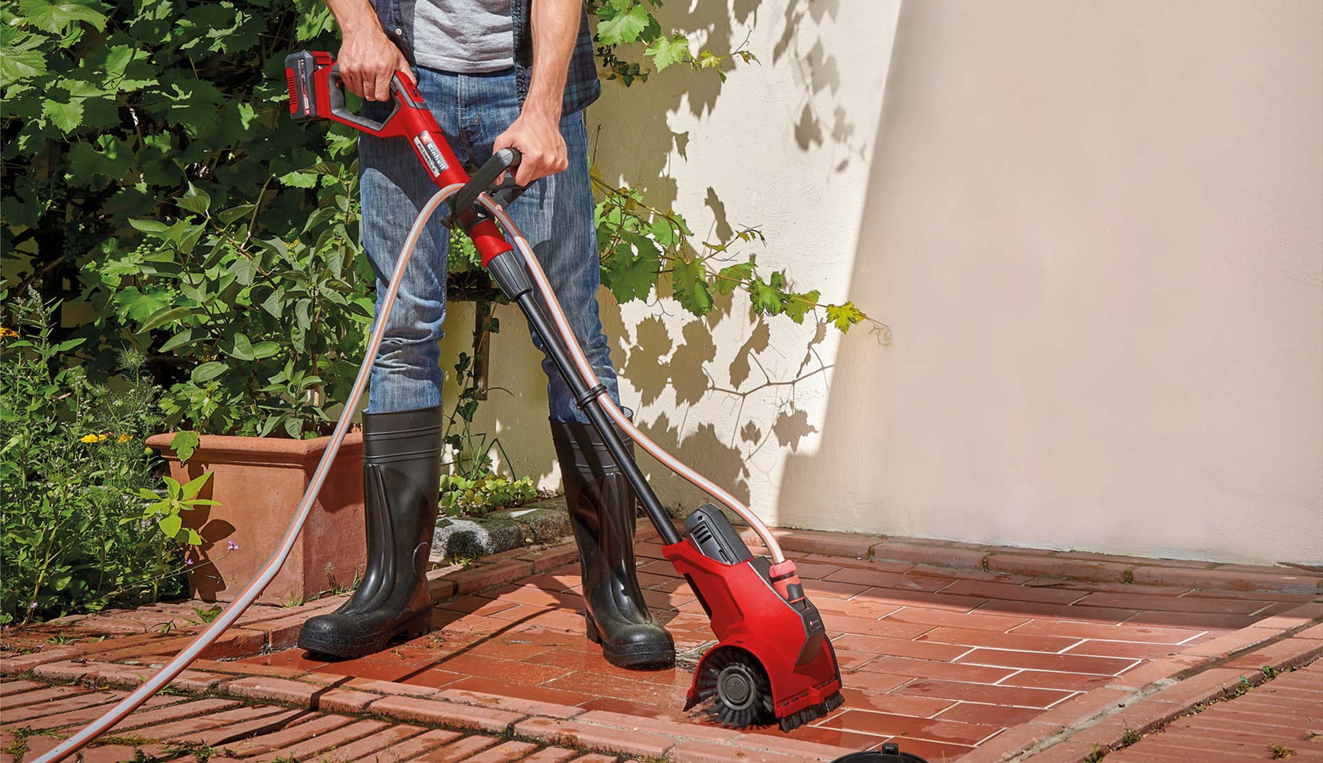 terrace is cleaned with a surface brush