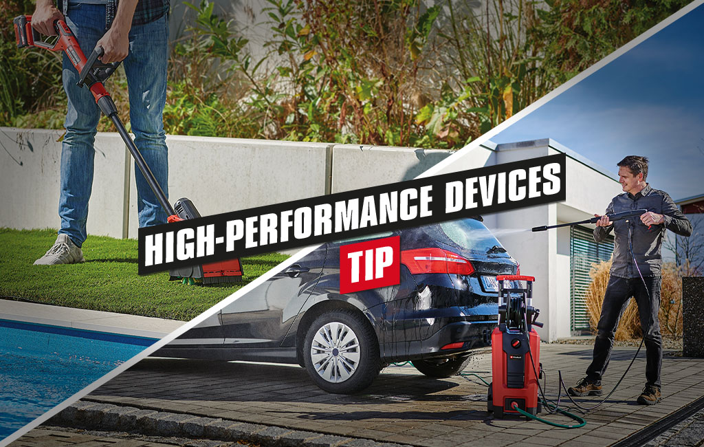 left: man cleaning artificial turf with PICOBELLA | right: man cleaning car with pressure cleaner | text: high performance devices - tip