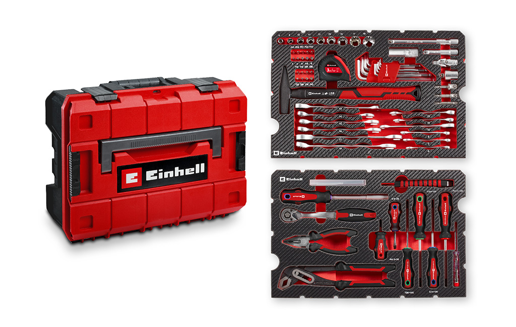 An Einhell tool case with a comprehensive basic tool set organized in various compartments.