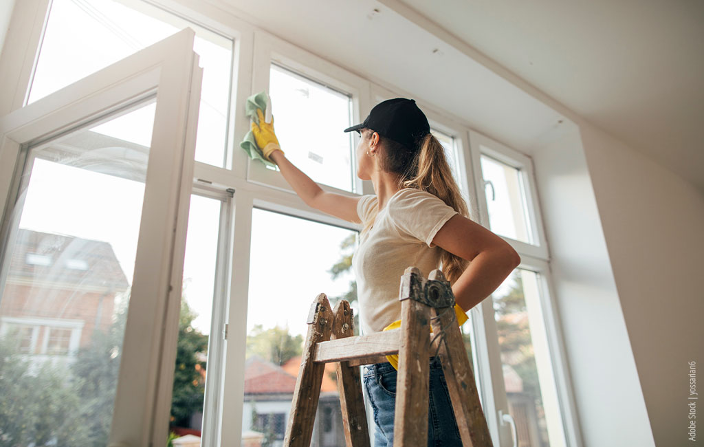 eine Frau wischt den Rahmen eines Fensters ab