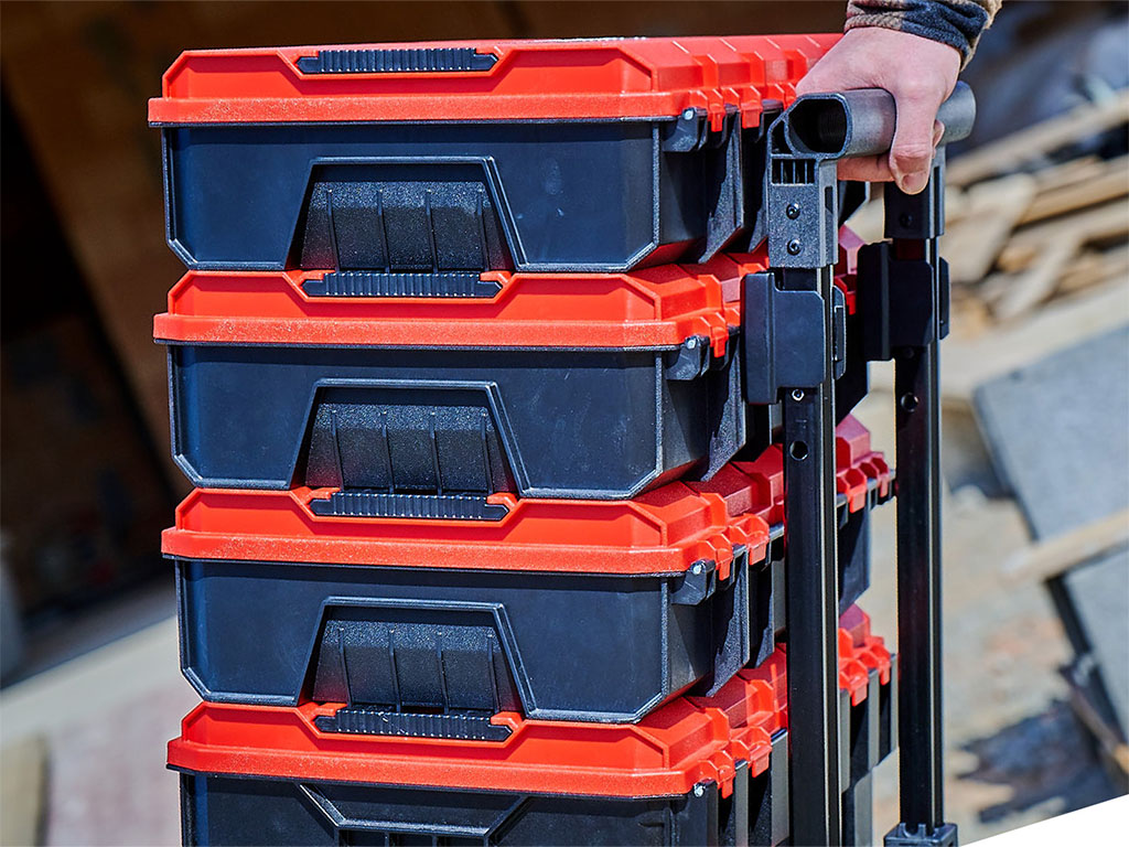 Stacked Einhell E-Case cases with trolley transport handle and the practical spacers