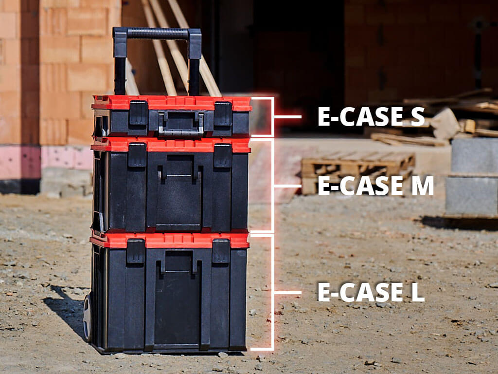 The various Einhell E-Case models S, M and L stacked to form a trolley case.