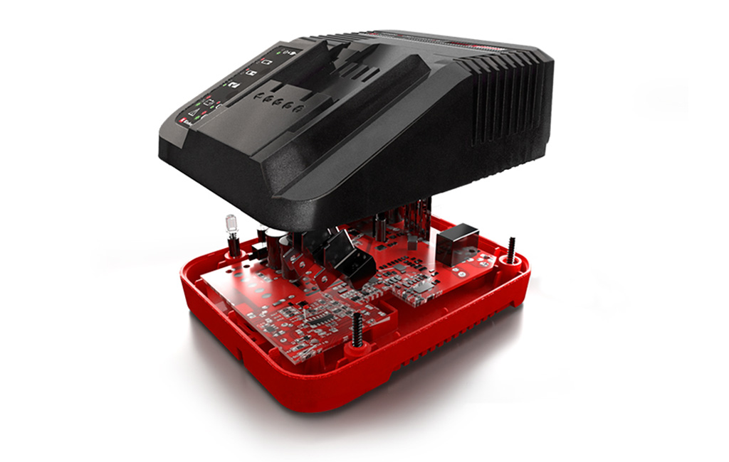 An exploded view diagram of a battery charger