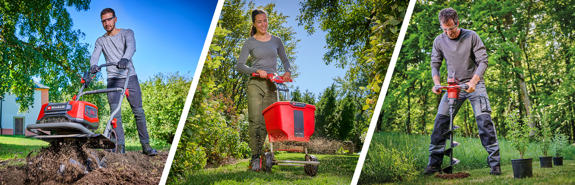 Three different spring gardening tasks: A man loosens the soil with a tiller, a woman spreads fertilizer with a spreader, and a man uses an earth auger for planting trees.