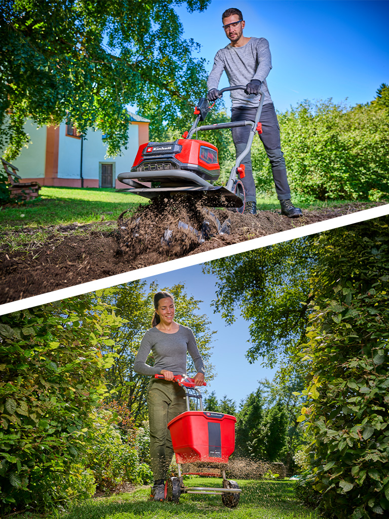 Zwei verschiedene Gartenarbeiten im Frühling: Ein Mann lockert den Boden mit einer Motorhacke und eine Frau verteilt Dünger mit einem Streuwagen.