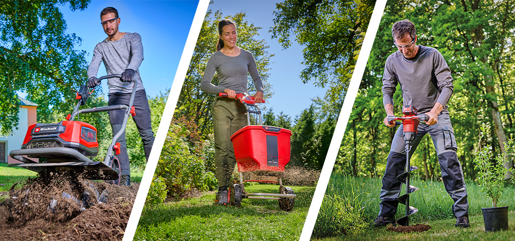 Three different spring gardening tasks: A man loosens the soil with a tiller, a woman spreads fertilizer with a spreader, and a man uses an earth auger for planting trees.