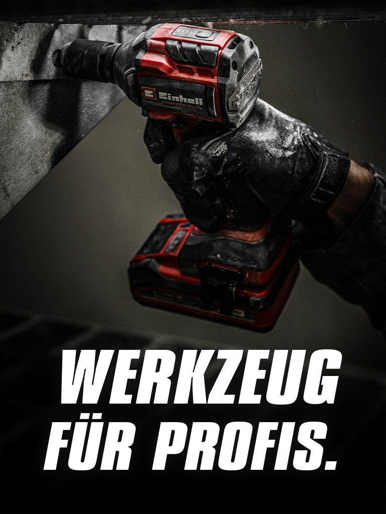 Eine Hand hält eine rote Akku-Schlagschrauber-Maschine, die an einem Metallträger verwendet wird, mit dem Text "Werkzeug für Profis".