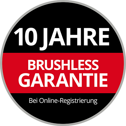 Rundes Garantie-Logo mit der Aufschrift „10 Jahre Brushless Garantie, Bei Online-Registrierung“ auf schwarzem und rotem Hintergrund.