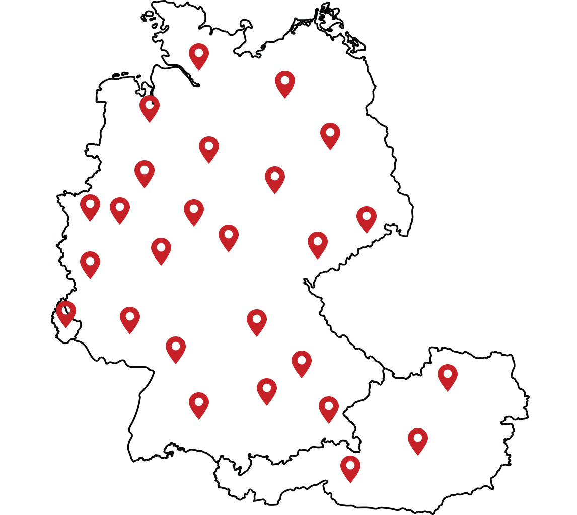 Eine Karte von Deutschland, Österreich und Luxemburg mit roten Markierungen, die verschiedene Standorte anzeigen.