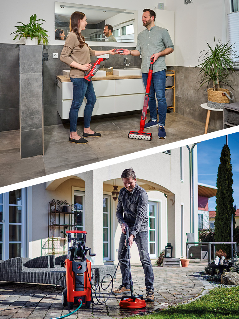 A split advertisement image showing a couple cleaning indoors with a cleaning device on the left and a man using a pressure washer outdoors on the right.