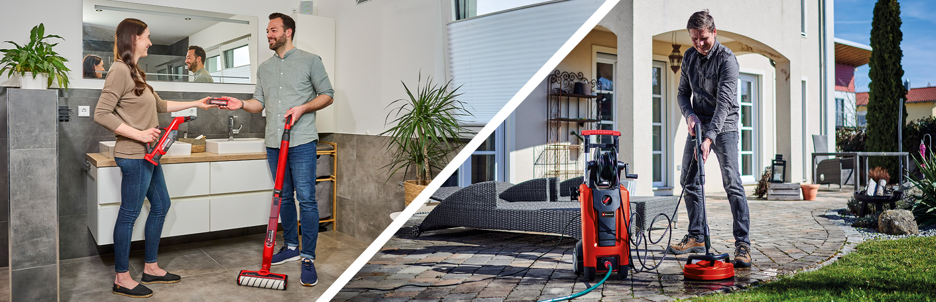 A split advertisement image showing a couple cleaning indoors with a cleaning device on the left and a man using a pressure washer outdoors on the right.